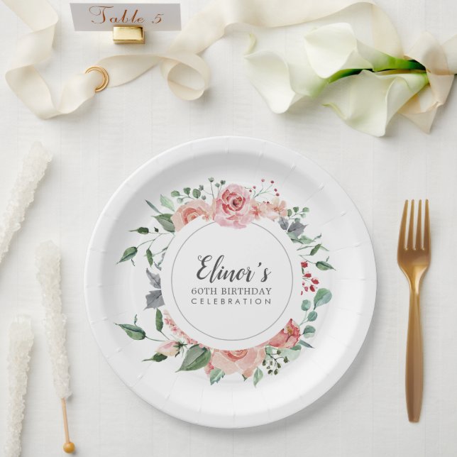 Plato De Papel Dusty Pink Floral 60 cumpleaños gracias (Boda)