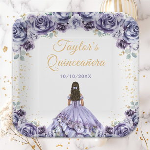 Plato De Papel Dusty Purple Princess Floral Quinceañera