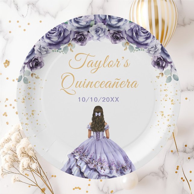Plato De Papel Dusty Purple Princess Floral Quinceañera (Subido por el creador)