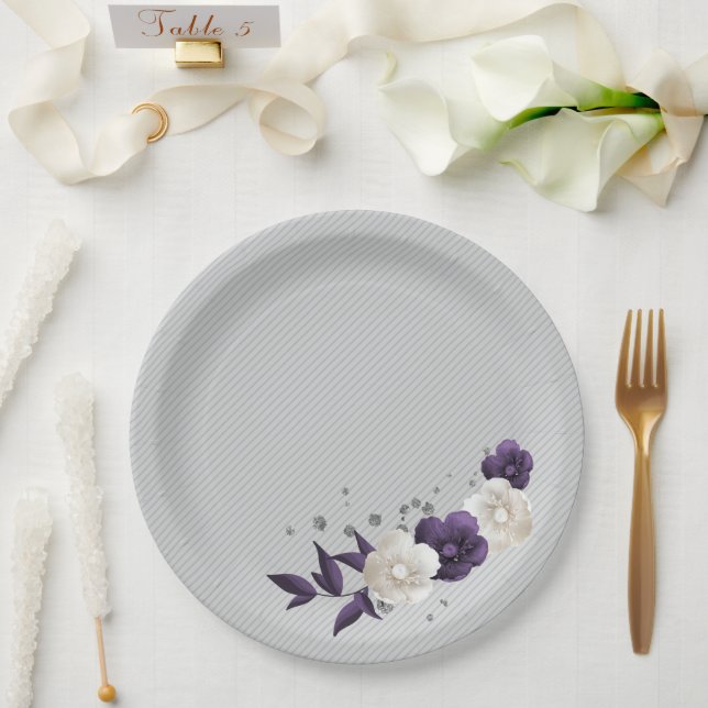 Plato De Papel dusty purple white flowers botanical (Boda)