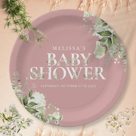 Plato De Papel Dusty Rosa Elegante Chica de Verdor Baby Shower