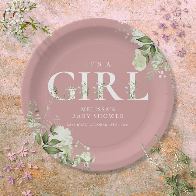 Plato De Papel Dusty Rosa Es Una Carta De Verdor Chica Baby Showe (Dusty Rose Its A Girl Greenery Letter Baby Shower Paper Plates)