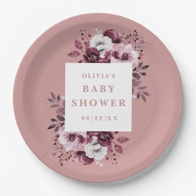 Plato De Papel Dusty Rose Elegante Fiesta Campestre Floral para B (Anverso)
