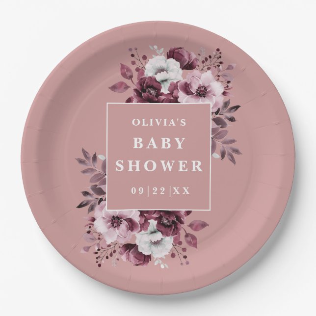 Plato De Papel Dusty Rose Elegante Floral Country Fiesta de Bebé (Anverso)