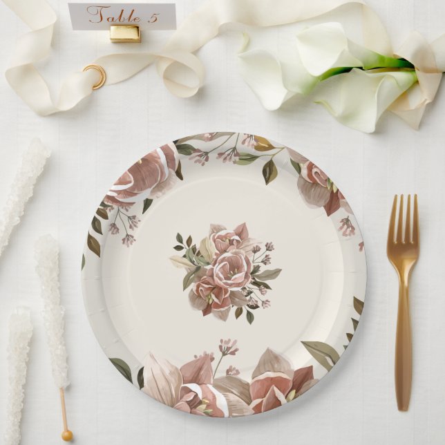 Plato De Papel Dusty Rose Floral Wedding Paper Plate (Boda)