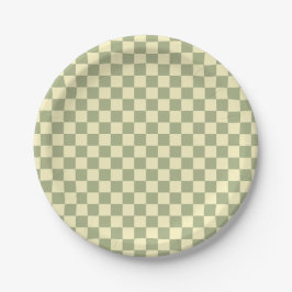 Plato De Papel Dusty Sage Green and Butter Yellow Checkerboard