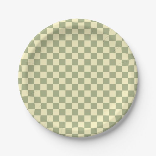 Plato De Papel Dusty Sage Green and Butter Yellow Checkerboard (Anverso)