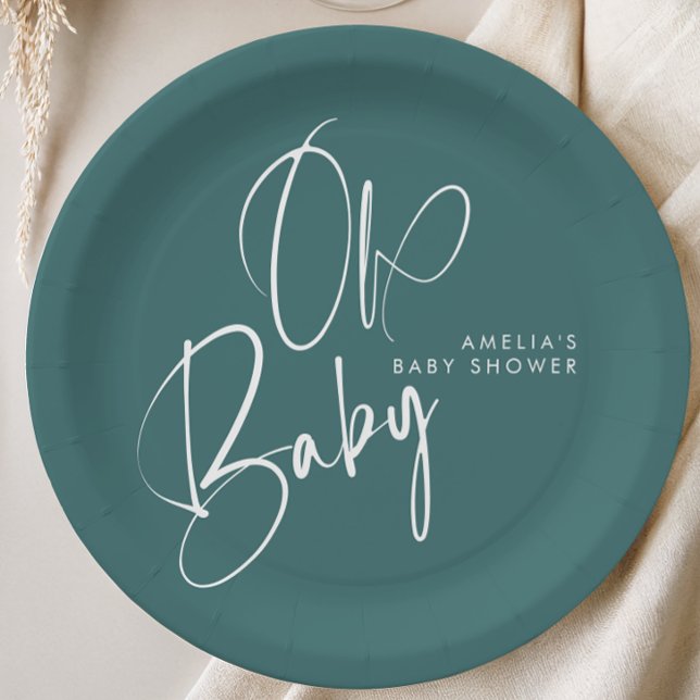 Plato De Papel Dusty Teal Oh Baby Baby Shower Design (Subido por el creador)