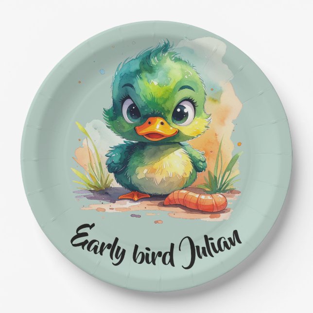 Plato De Papel Early bird,  kleine grüne Ente fängt den Wurm (Anverso)