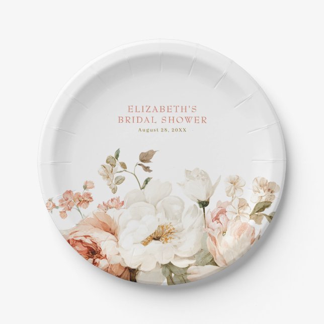 Plato De Papel Earthy Botanical Dusty Rose Floral Bridal Shower (Anverso)