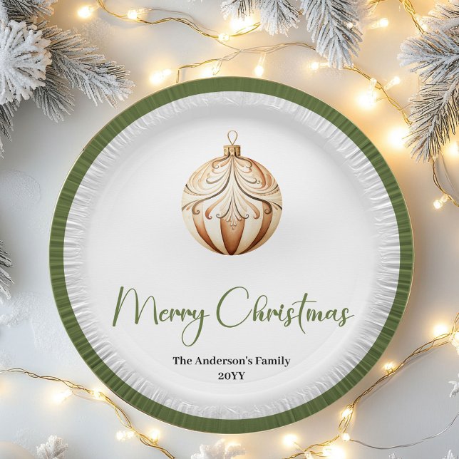 Plato De Papel Earthy Christmas Bauble Family Name Holiday   (Personalized Minimal Christmas Tree Tableware Bundle)