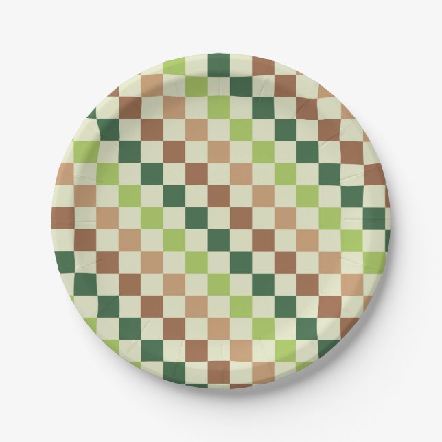 Plato De Papel Earthy rainbow diagonal checkerboard pattern (Anverso)