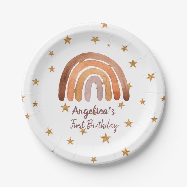 Plato De Papel Earthy Tone Watercolor Arcoiris Primer Cumpleaños  (Anverso)