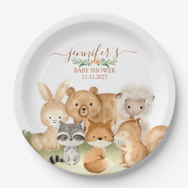 Plato De Papel Earthy Woodland Animals Baby Celebration (Anverso)