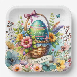 Plato De Papel Easter Basket Eggs & Spring Flowers