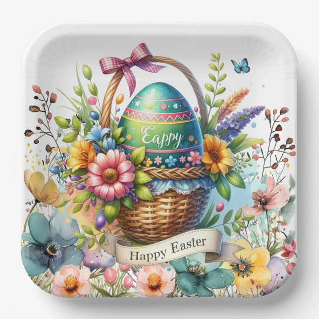Plato De Papel Easter Basket Eggs & Spring Flowers (Anverso)