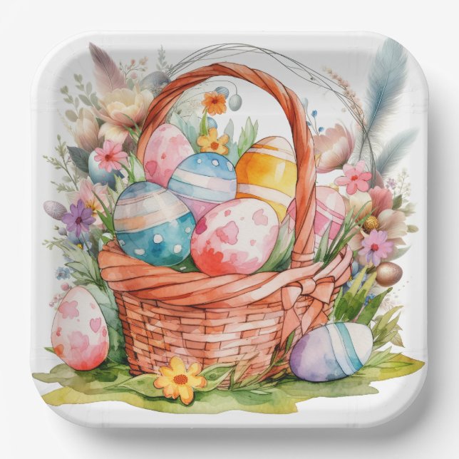 Plato De Papel Easter Basket Eggs & Spring Flowers (Anverso)