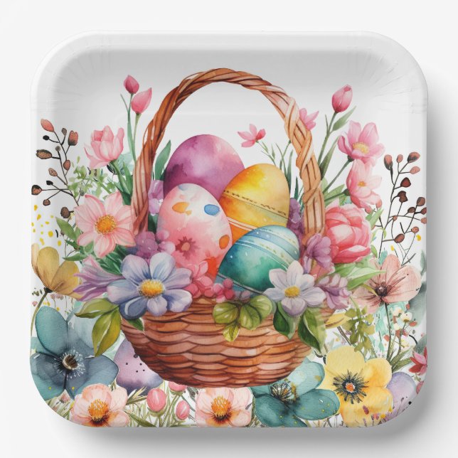 Plato De Papel Easter Basket Eggs & Spring Flowers (Anverso)