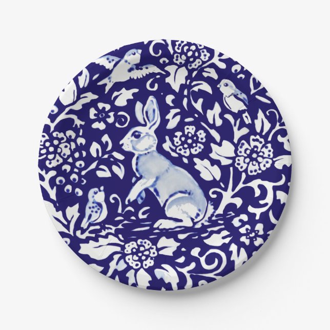 Plato De Papel Easter Blue White Rabbit Standing Bungalow Delft (Anverso)