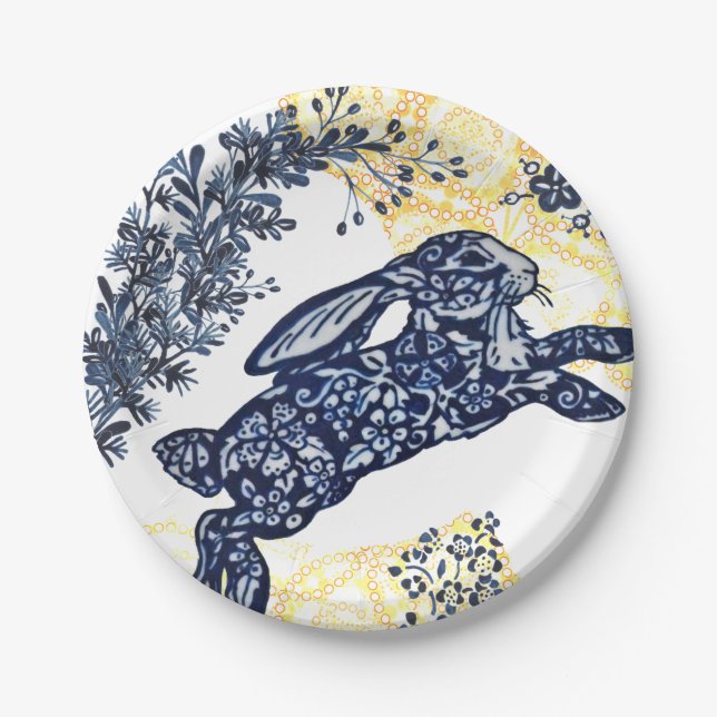 Plato De Papel Easter Blue White Yellow Rabbit Asian Chinserie (Anverso)