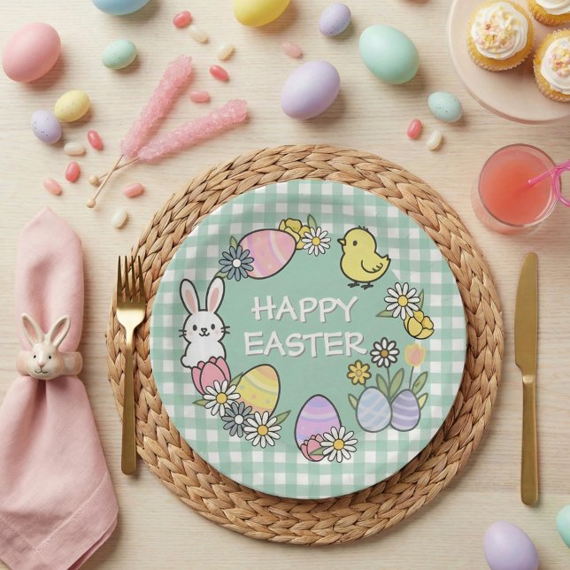 Plato De Papel Easter Brunch & Egg Hunt Green Gingham (Subido por el creador)