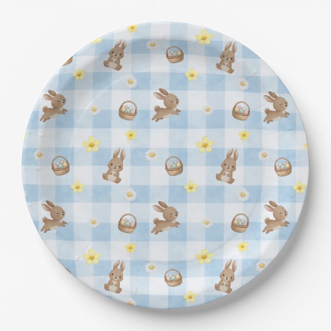 Plato De Papel Easter Bunny Blue Gingham (Anverso)