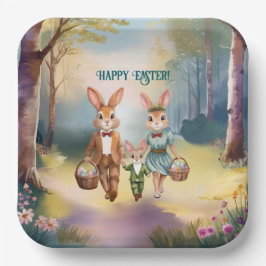 Plato De Papel Easter Bunny Family Chasing Eggs - Painting