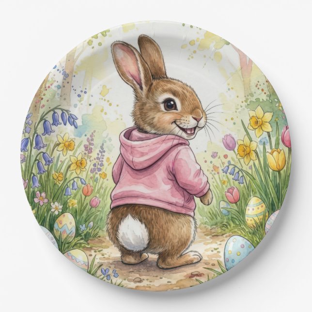 Plato De Papel Easter Bunny in a Spring Garden (Anverso)