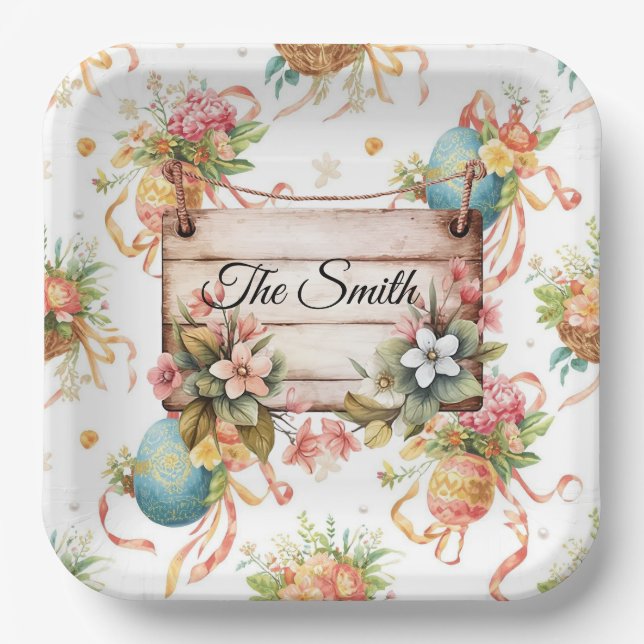 Plato De Papel Easter Egg Hunt Party with Family Name (Anverso)