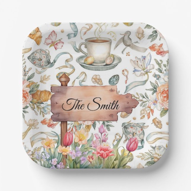 Plato De Papel Easter Egg Hunt Party with Family Name (Anverso)