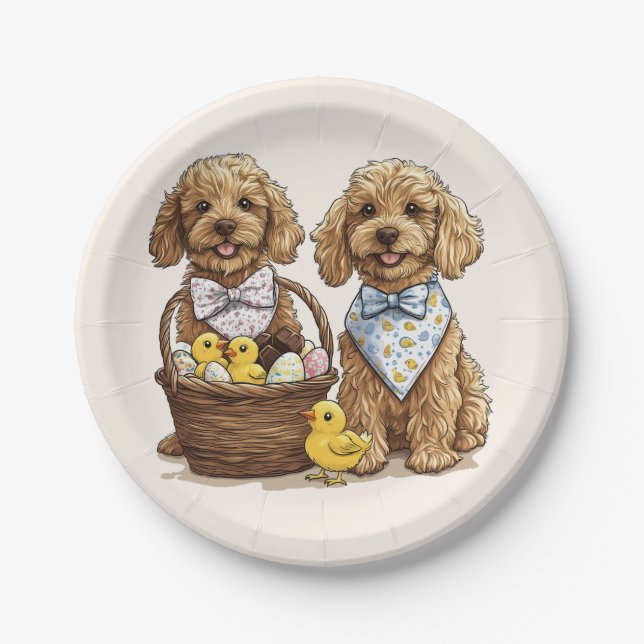 Plato De Papel Easter Goldendoodle Dogs Cesta de Pascua (Anverso)