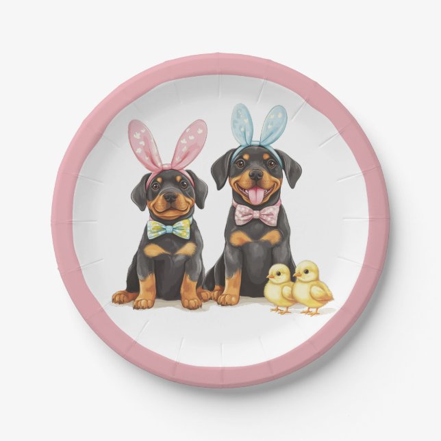 Plato De Papel Easter Rottweiler Dogs Bunny Ears (Anverso)