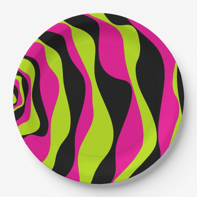 Plato De Papel Ebb y Flow 4 en verde limón, rosa caliente y negro (Anverso)