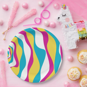 Plato De Papel Ebb y Flow 4 - Turquesa, amarillo, rosa y blanco