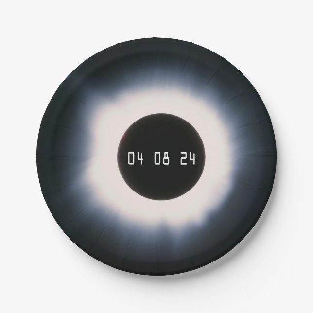 Plato De Papel Eclipse solar total 2024 en blanco y negro (Anverso)