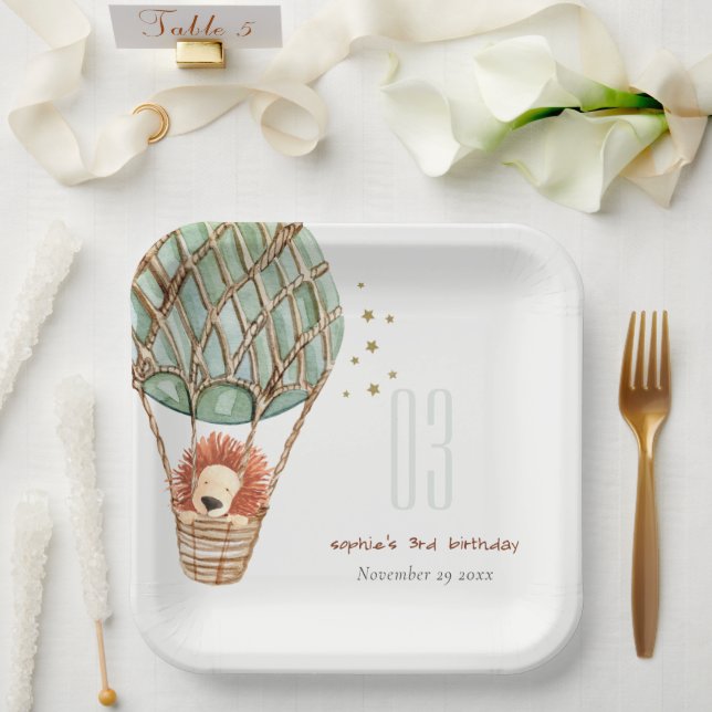Plato De Papel Eco Green Hot Air Balloon Lion Kids Cumpleaños (Boda)