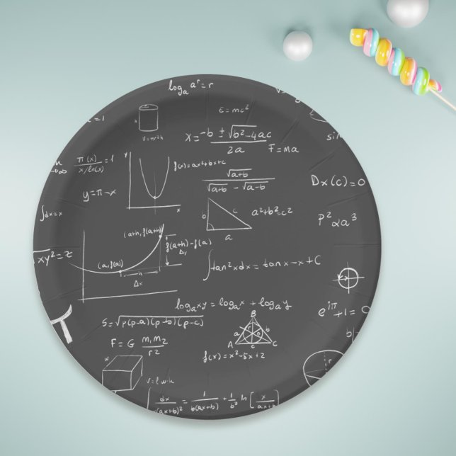Plato De Papel Ecuaciones y gráficos matemáticos en blanco y negr (Math formulas and equations paper plates for your math birthday or graduation party)
