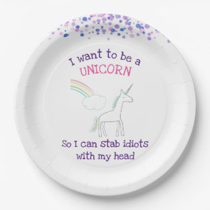 Plato De Papel Edgy Unicorn con arcoiris y confetti graciosos