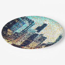 Plato De Papel Edificios de la ciudad azul en estilo mosaico con 