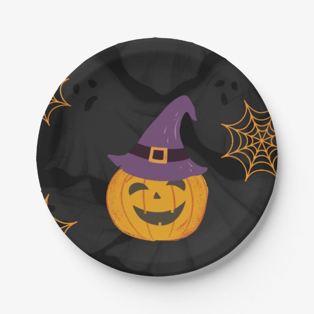 Plato De Papel Editable fiesta de Halloween del Naranja negro Pum (Anverso)