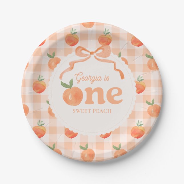 Plato De Papel Editable Gingham Peach Paper Plates (Anverso)