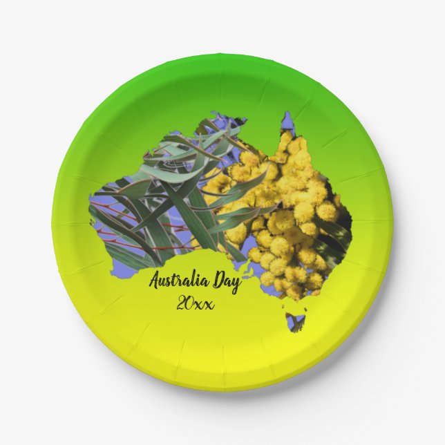 Plato De Papel Editar texto Australia Day Gum Leaf Wattle 7" (Anverso)