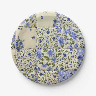 Plato De Papel edredón de remiendo floral azul