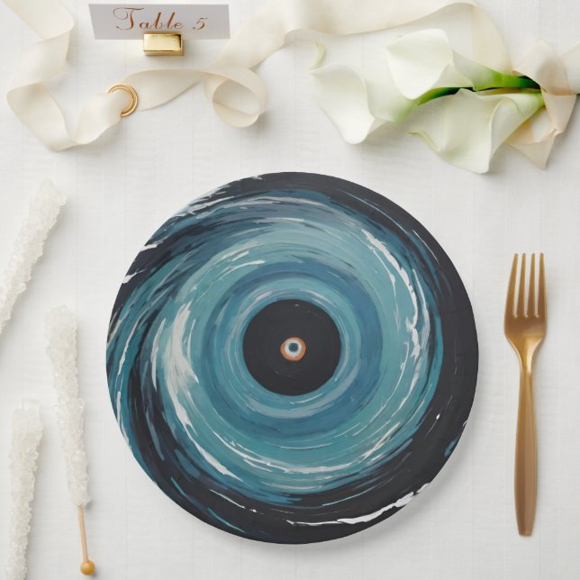 Plato De Papel Efecto espiral de drenaje del agujero negro azul (Boda)