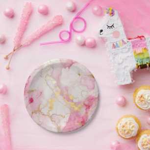 Plato De Papel Efecto mármol rosa y dorado glamuroso