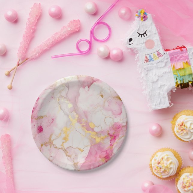 Plato De Papel Efecto mármol rosa y dorado glamuroso (Fiesta)