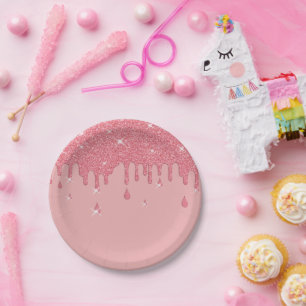 Plato De Papel Efecto Purpurina rosado y paracaídas