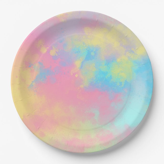 Plato De Papel Efecto salpicador de pinturas arcoiris (Anverso)