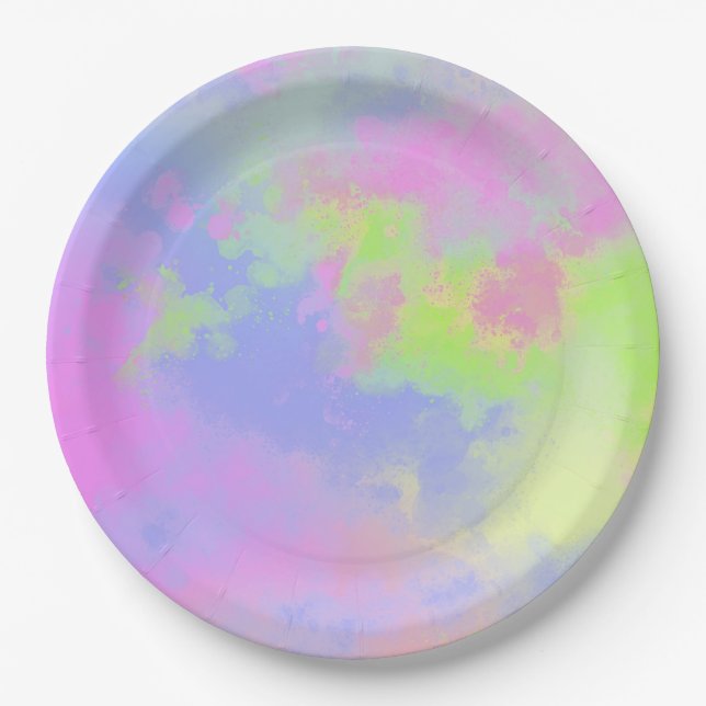 Plato De Papel Efecto salpicador de pinturas arcoiris (Anverso)