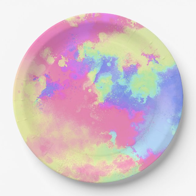 Plato De Papel Efecto salpicador de pinturas arcoiris (Anverso)